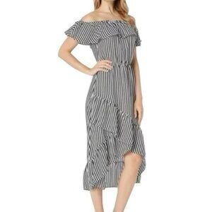Tommy Bahama Palm Party Off Shoulder Flounce Midi Dress | Large | Black Stripe